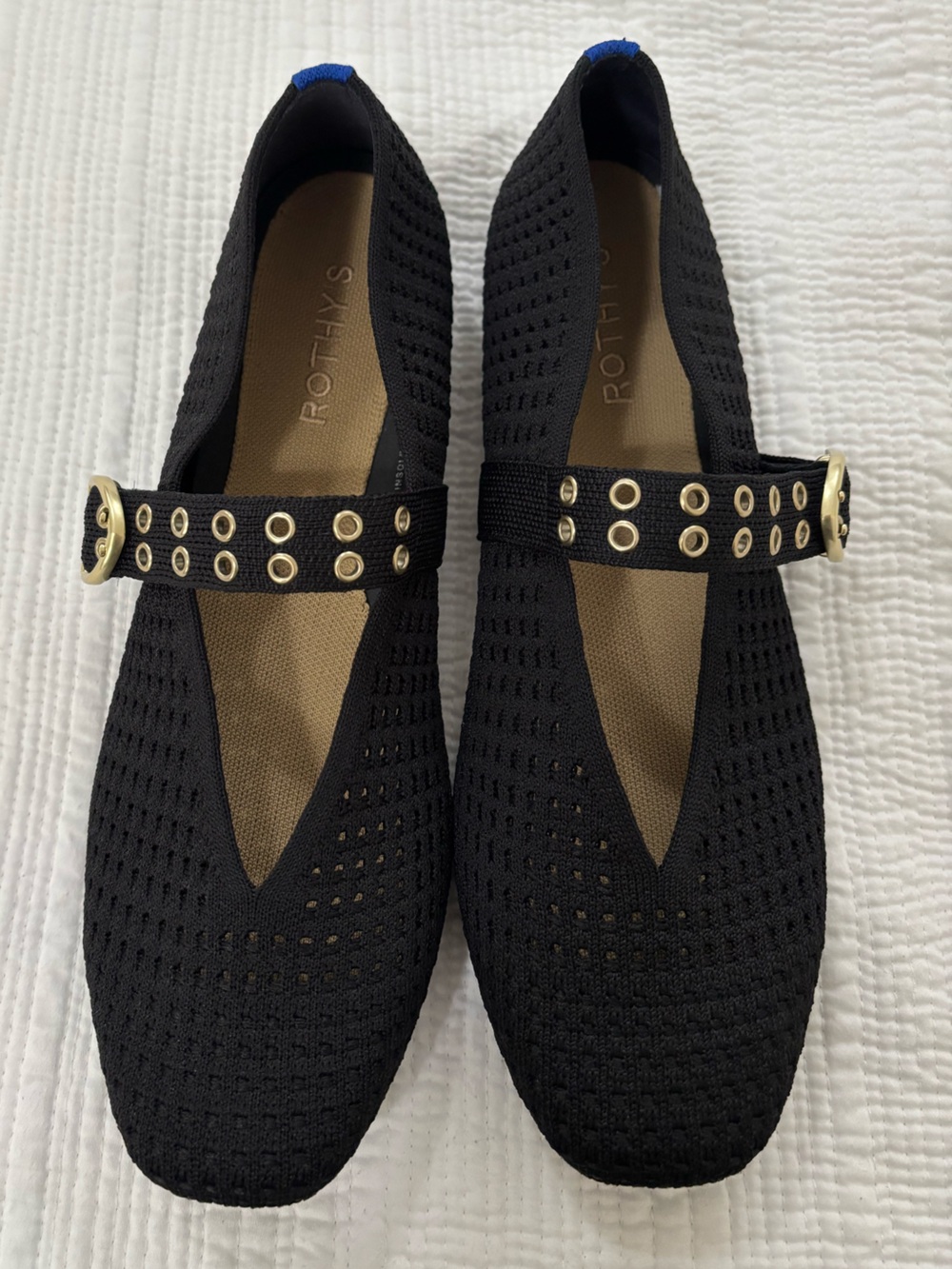 Rothy's Black Mary Jane Flats with Gold Eyelet Strap Like New Size 10